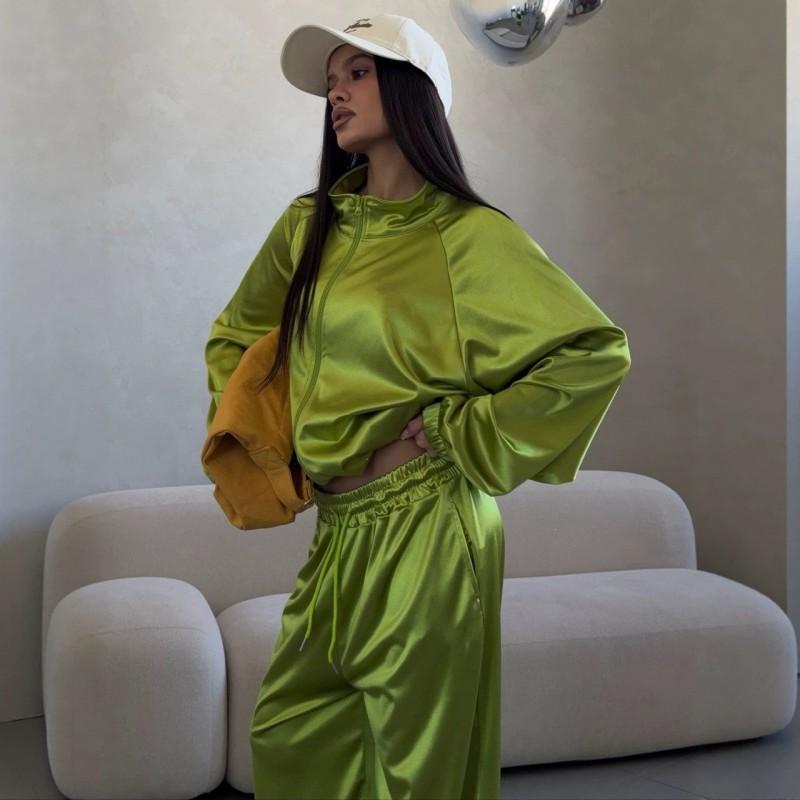 2026 Womens Loose Oversized Short Top Satin Track Suit Set Streetwear