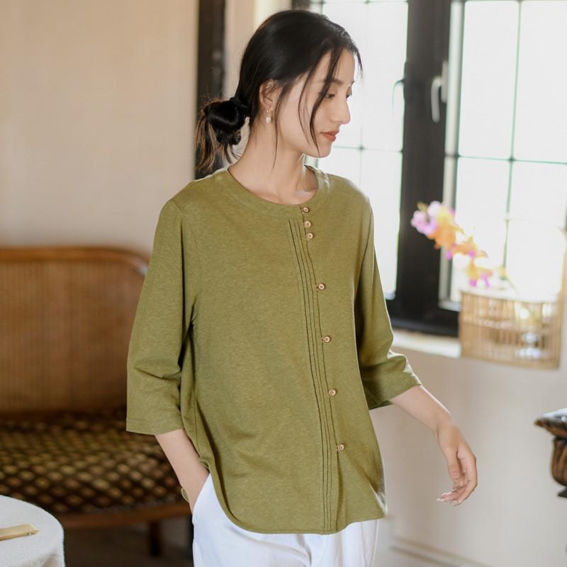 Johnature Женские трикотажные футболки, однотонные весенние повседневные футболки с круглым вырезом и семью рукавами на пуговицах