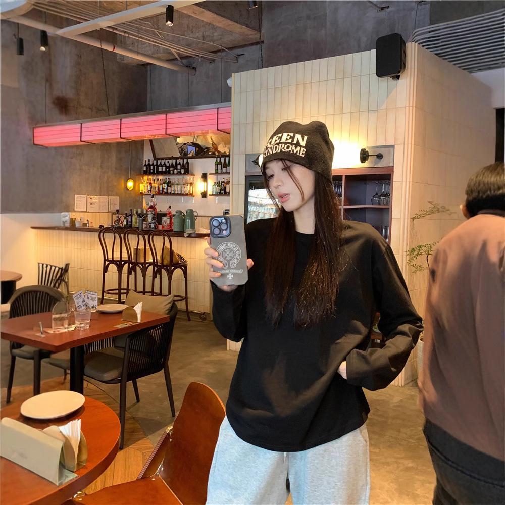 Женская весна-осень с длинным рукавом и круглым вырезом, однотонный пуловер, свободная футболка, блузка, топ