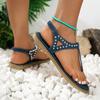 Плоские шлепанцы Бохо Бохо Декорированные стразами Пляжная повседневная летняя обувь для женщин Синие сандалии с круглым носком De Mujer