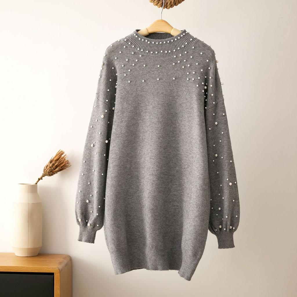 Women's New Sweater Long-Sleeved Pearl Dress Casual Top