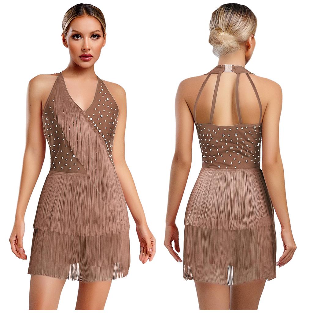 S-3XL Women Dance Bodysuit Halter Neck with Rhinestones Fringed Back Latin Tango Salsa Jazz Performance Costume Leotard