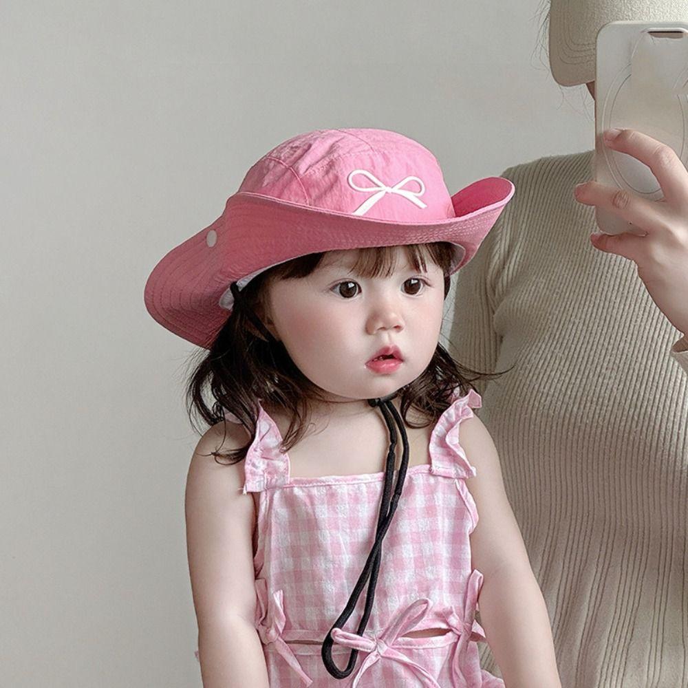 Летняя детская шляпа-рыбак с вышивкой в виде банта в корейском стиле для девочек
