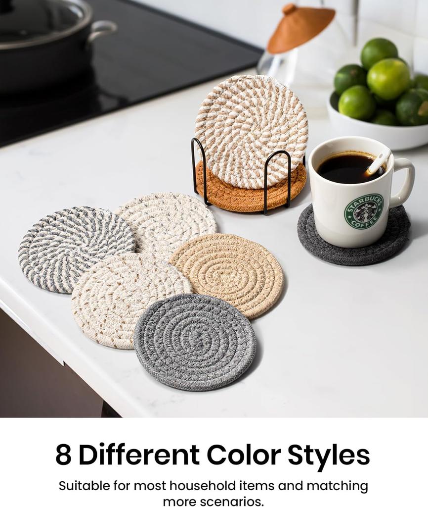 8Pcs Drink Coasters with Holder,Absorbent Cotton Coaster Set 11cm Woven Coasters Drinks Coffee Minimalist Cup for Home Bar Decor
