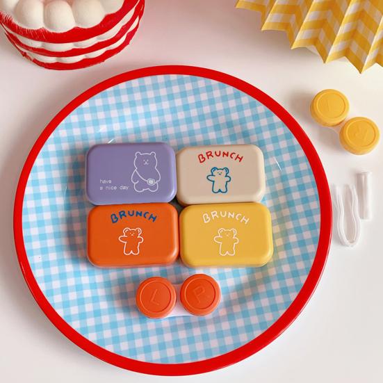 Cute Contact Lens Case Portable Portable Double Box with Tools Bear Print Lens Holder Easy to Carry Spill-proof Lens Storage for Daily Use Travel