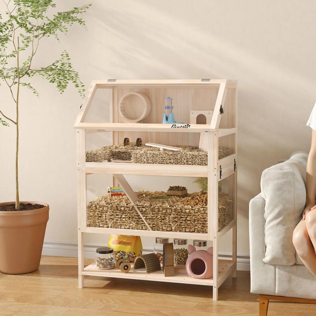 PawHut 3-Level Hamster Cage with Acrylic Panel and Exercise Wheel, 80 x 53 x 117 cm, Natural Wood Finish
