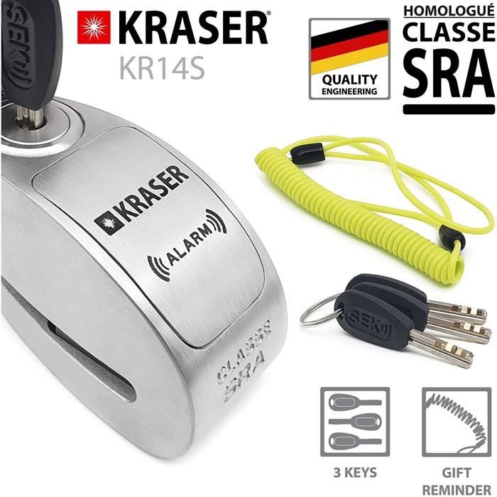 KRASER KR14S Bloque Disque Antivol De Moto Alarme ON / OFF Homologué SRA Haute Sécurité Protection Serrure À Disques, Bloque Disque