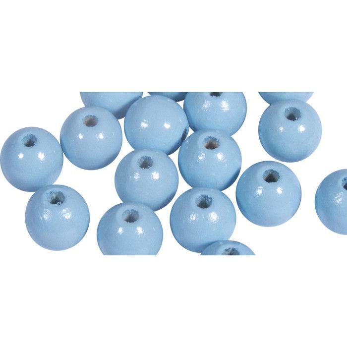 Perles en bois FSC 100%, polies, 10mm ø, bleu pastel, 52 pièces