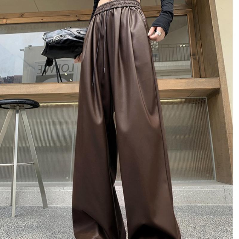 Модные уличные черные широкие брюки из искусственной кожи, женские однотонные прямые свободные повседневные брюки, женские элегантные облегающие винтажные женские брюки с высокой талией 25620