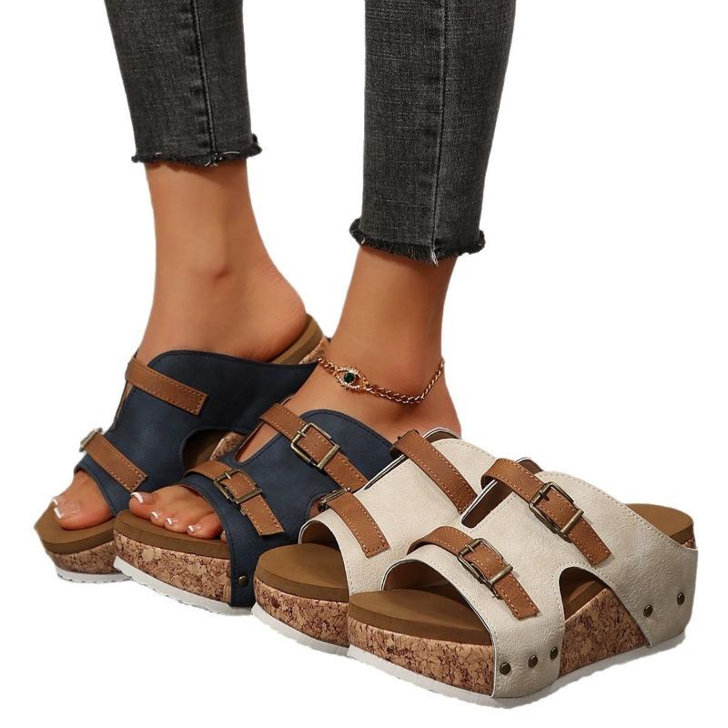 Новые женские туфли-шлепанцы на танкетке с толстой подошвой большого размера и ремешком с пряжкой