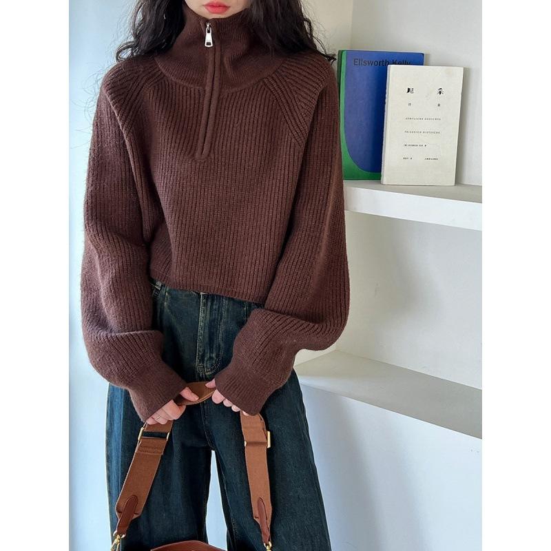 Женский пуловер с воротником на молнии, мягкий вязаный свитер с длинным рукавом, короткий джемпер, наряд в корейском стиле для осени и зимы для девочки-подростка