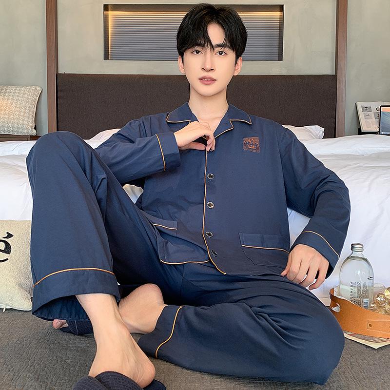 Мужская пижама из хлопка с длинным рукавом на 2024 год - Весенне-осенний комплект домашней одежды для мальчиков-подростков