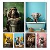 Funny Animals Toilet Canvas Painting Prints Gorilla Elephant Cat Dog Wall Art Poster Picture for Bathroom Room Home Decoration