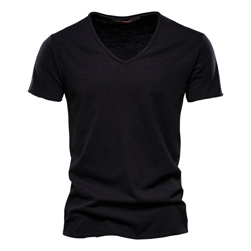 Men's New Solid Color V-neck Short Sleeved T-shirt Made of Pure Cotton