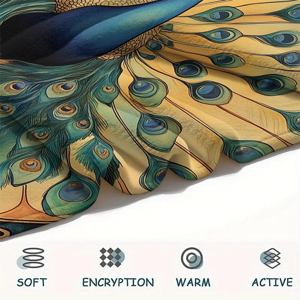 Peacock with Fanned Tail Print Flannel Blanket, High quality Comfortable for All Seasons, Home Decor, Warmth and Comfort