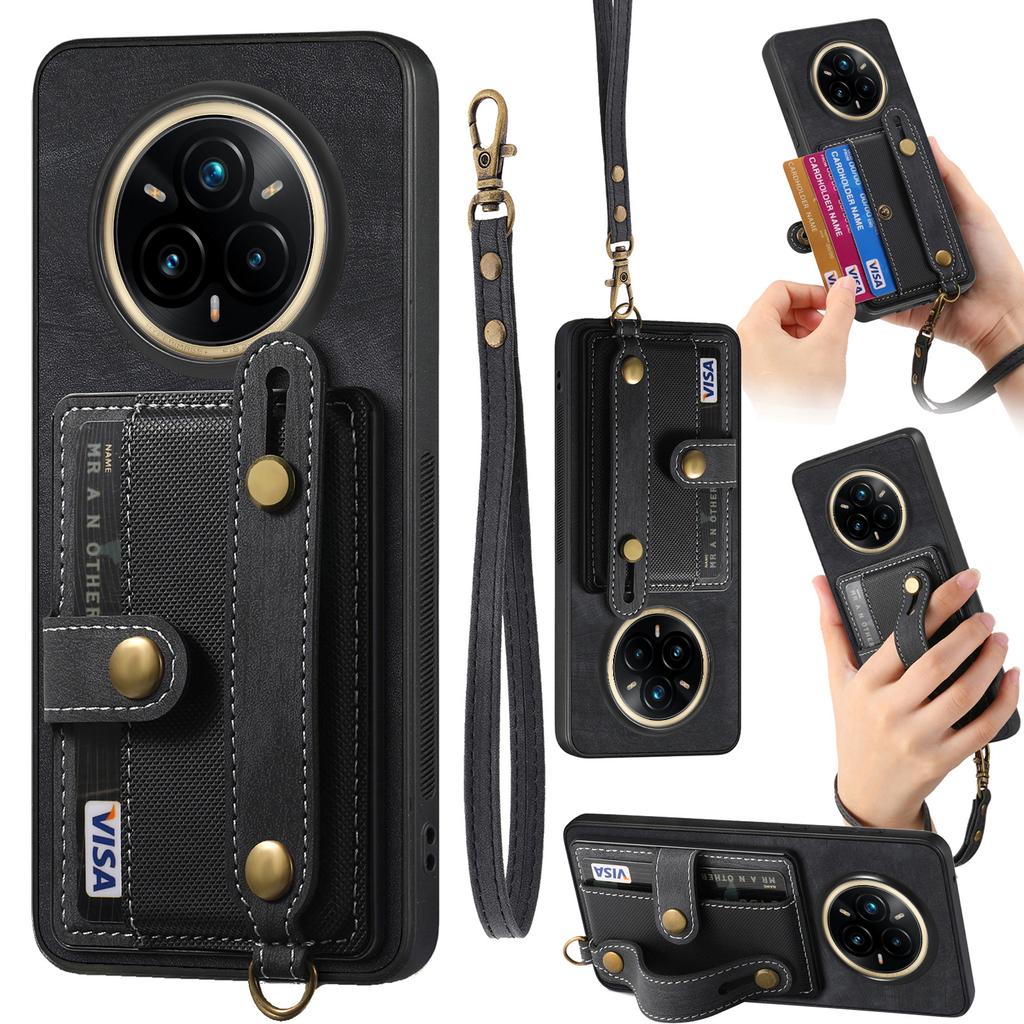 For Realme 14 Pro 5G Retro PU Leather Back Cover with Card Holder and Wristband Kickstand