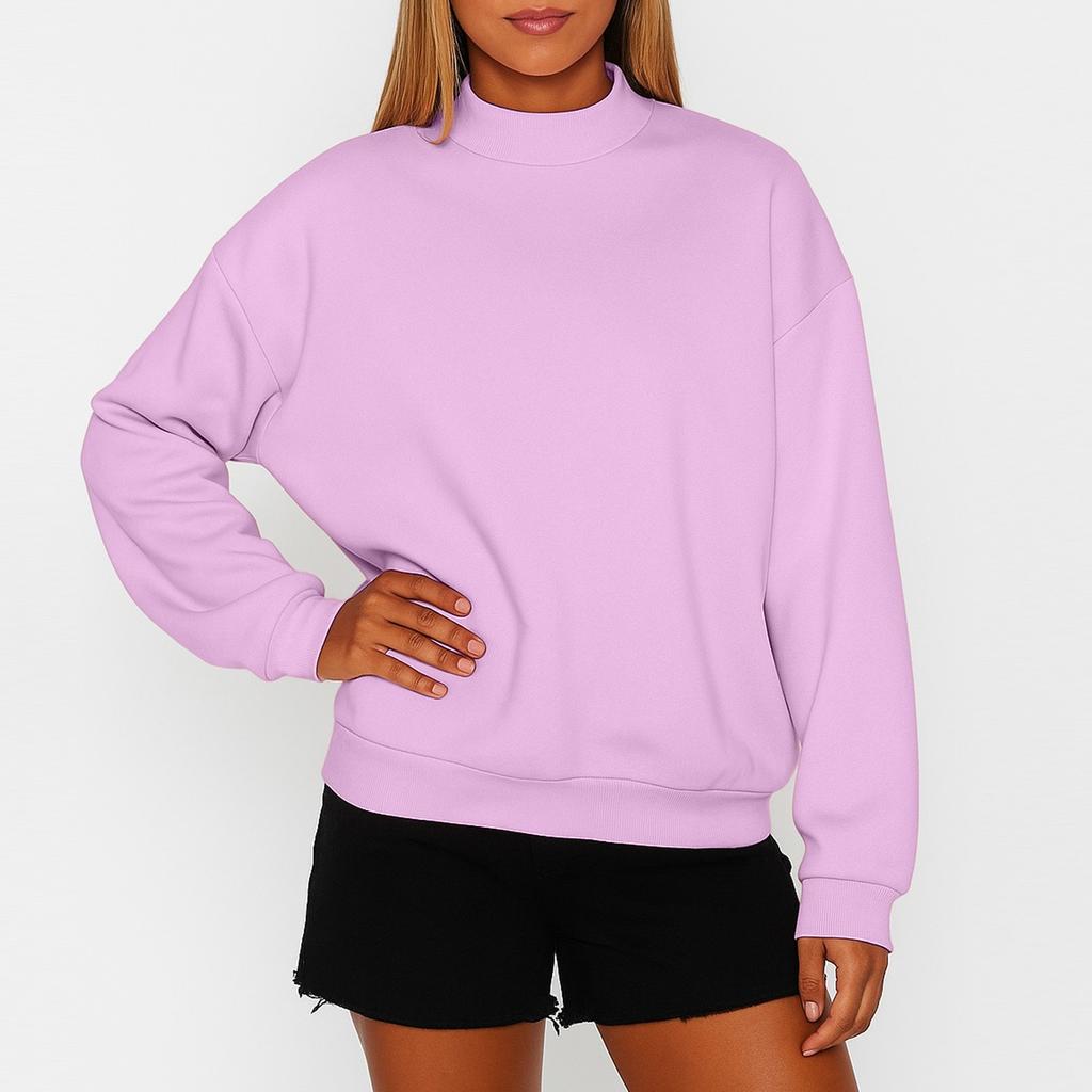 Women's Solid Color Fleece Sweatshirt With A Small High Neck And Loose Fit
