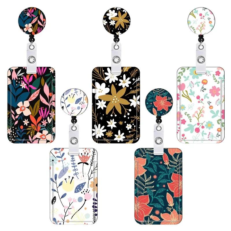 Staff Working Cards Holder With Retractable Long Lanyard And Badge Reel Flower Id Credit Cards Holder Cover For Woman Phone Rope