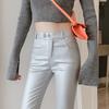 Artificial Leather Leggings High Waist Button Closure Matte Elastic Pencil Pants with Pockets Solid