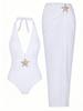 1011 new one-piece deep V sexy swimsuit French retro solid color hot spring vacation beach skirt set