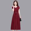Large Size Dress, Short Sleeved, Mid Length, Knee Length Long Skirt, Waist Belt, Slim Fit and Slimming A-line Skirt