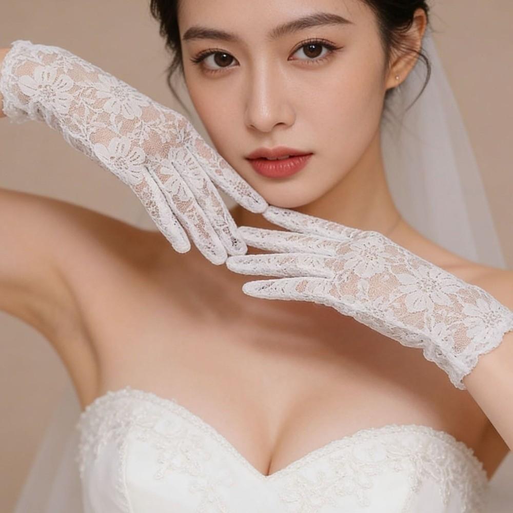 Solid Color Lace Short Gloves High Elasticity Bridal Gloves Elegant Sun Protection Gloves Outdoor