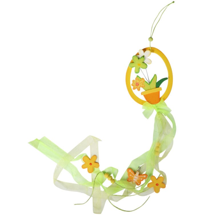 Wooden Easter egg pendant with flowers in yellow and green, 70CM