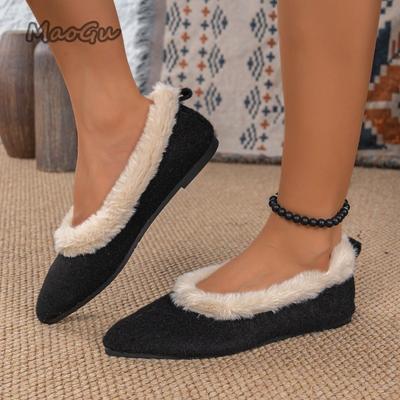 Мода 2025 Осень Зима Короткий Плюш Женские Балетки Теплый Заостренный Носок Слипоны Повседневные Лоферы Удобная Обувь Мелкая Обувь Zapatos De Mujer