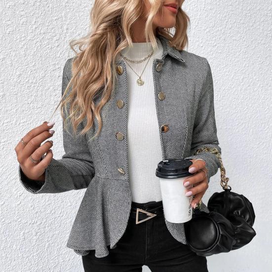 Женский повседневный пиджак с лацканами, длинный рукав, двубортный пиджак с оборками и полосатым принтом, деловая верхняя одежда