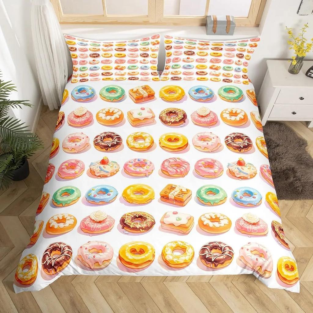 Kawaii Donut Duvet Cover Set Colorful Sweet Doughnut Bedding Set Delicious Dessert Pink Purple Comforter Cover Girls Room Decor