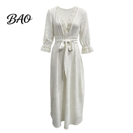 Daily Wear Lace Dress Women V-Neck for Fall, 3/4 Sleeves Maxi with Solid Color Belt, Loose Casual Long Vacation Three Quarter Sleeve