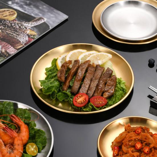 Stainless Steel Dinner Plates Round Salad Serving Plate Easy To Clean Pizza Fruit Bowl for Home Kitchen Outdoor Camping BBQ