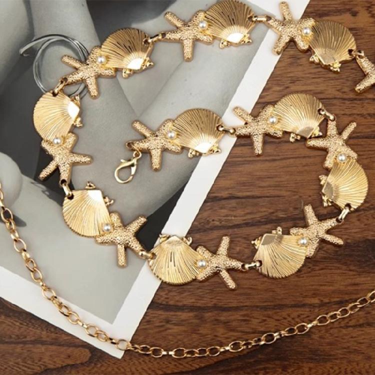 Sea Star Waist Chain Waist Ornament Belly Sash with Metal Shells and Pearls Accent For Ocean Themed Style Enthusiasts