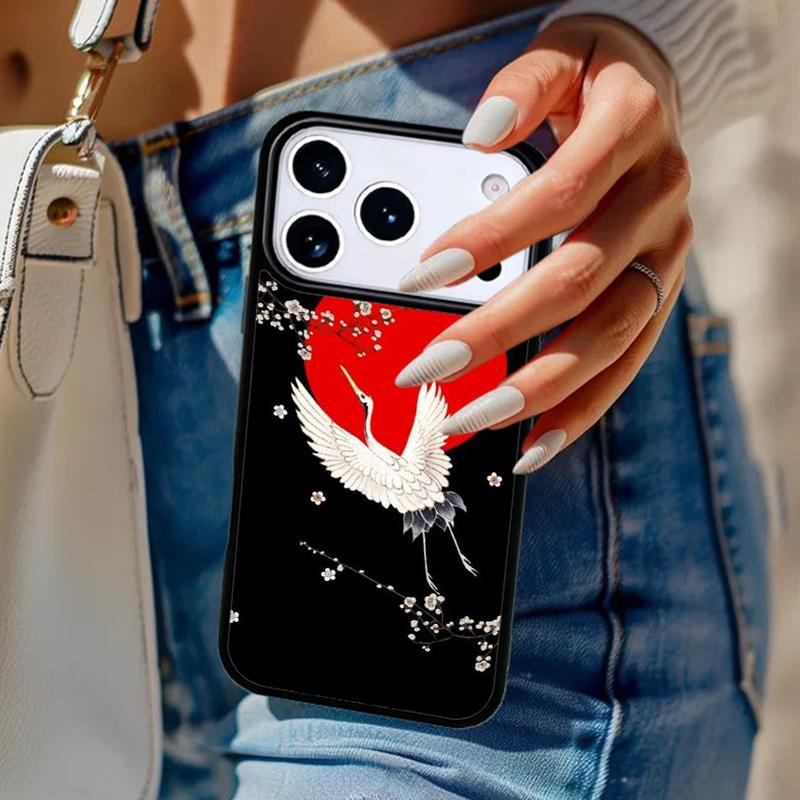 Чехол в японском стиле с журавлем и вишней для iPhone 17 Air 14 15 13 12 Max Чехол для Apple 14 15 16 16e 11 Pro Max Plus