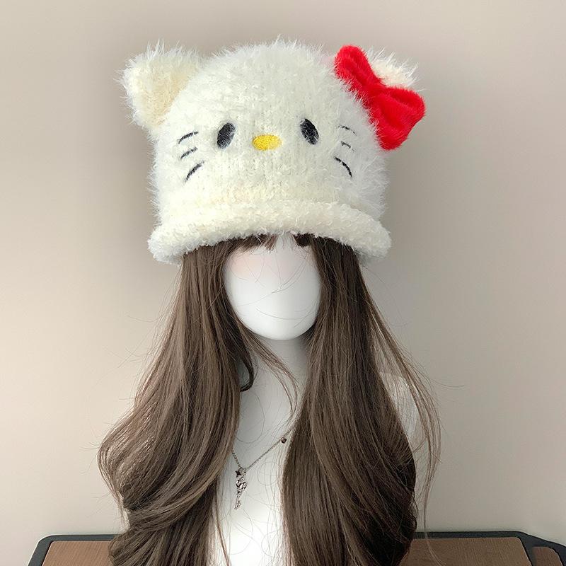 Small face white cold hat sweet cartoon travel plush hat women's winter cute cat ear hat