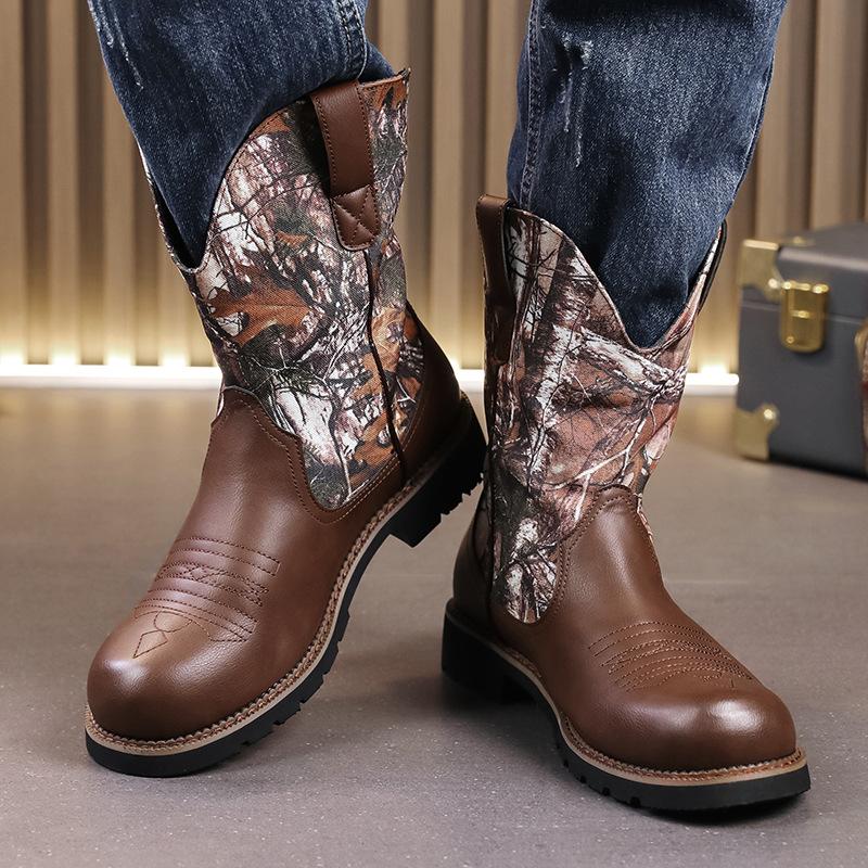 Men's Shoes Large Size Autumn and Winter Leather Boots Fashion High-top Leather Shoes Trend Cowboy Boots Thick-soled Non-slip Knight Boots
