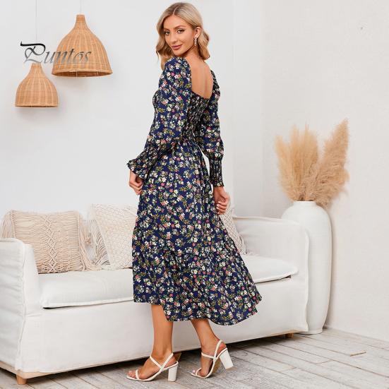 Женское платье с длинными рукавами, цветочным принтом, А-силуэтом, квадратным вырезом, миди-платьем, эластичным бюстом, открытой спиной, плиссированным подолом, весна-осень