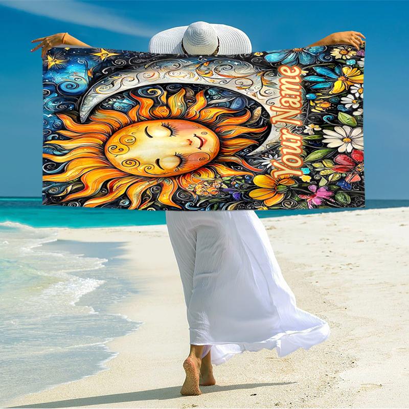 1PC Custom Name Sun, Moon, Flowers Beach Towel Highly Absorbent And Sand-Resistant Towel for Swimming, Pool, Yoga, And Travel Lightweight
