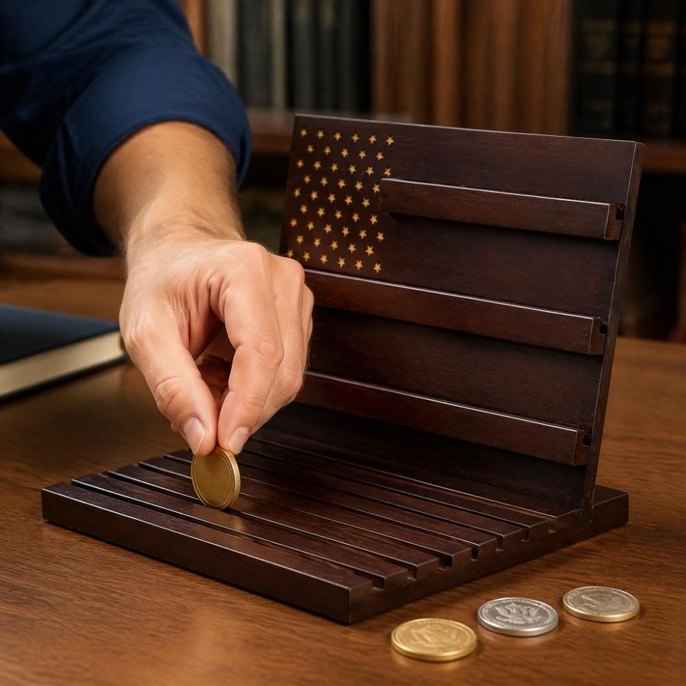Solid Wood Challenge Coin Holder Multi Tier Wooden Coin Cabinet Collector Coin Case Office Decor