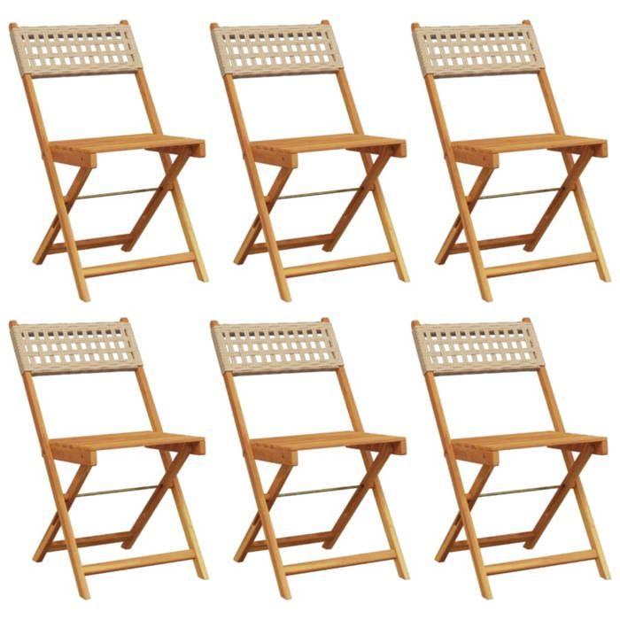 VidaXL Chaises de jardin pliantes lot de 6 beige rotin et bois massif, siège de jardin, chaise de patio, chaise à manger de 3214599