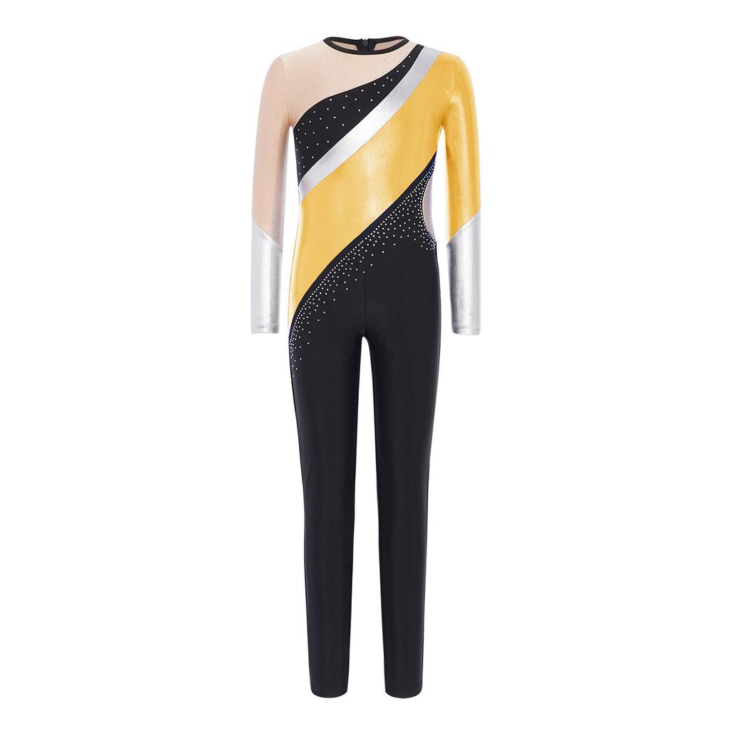 Girls Gymnastics Jumpsuit Metallic Color Block Design Round Neck Long Sleeve Back Invisible Zipper Bodysuit