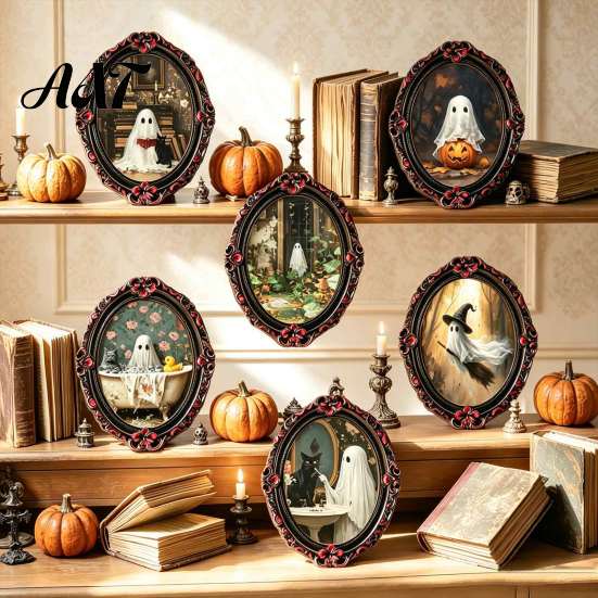 Gothic Halloween Refrigerator Magnets Retro Magnet, Distressed Oval Photo Frame Frige Magnets, Dark Creepy Witch Home Ornament Style Skeleton