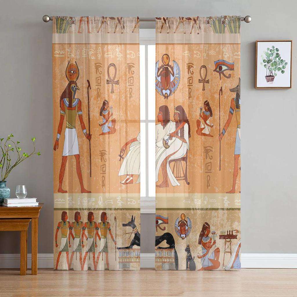 Египетский Фараон Желтая Фреска Древний Тюль Прозрачные Шторы для Декора Гостиной Оконная Штора для Спальни Вуаль Органза Драпировки