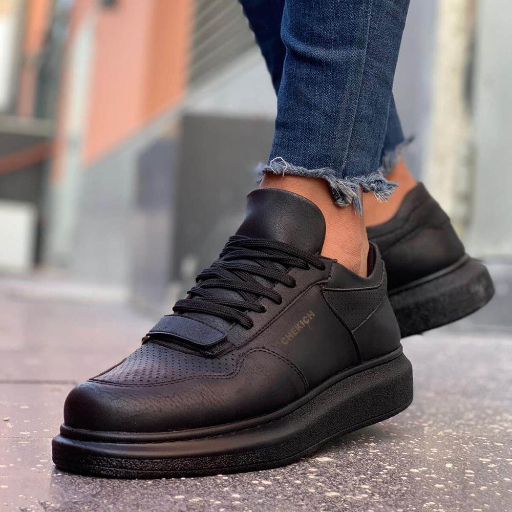 Chekich Мужская обувь. Повседневная обувь. Черный цвет. Искусственная кожа на шнуровке. Весенние и осенние сезоны. Вулканизированная лента на липучке. Белая высокая подошва. CH073.