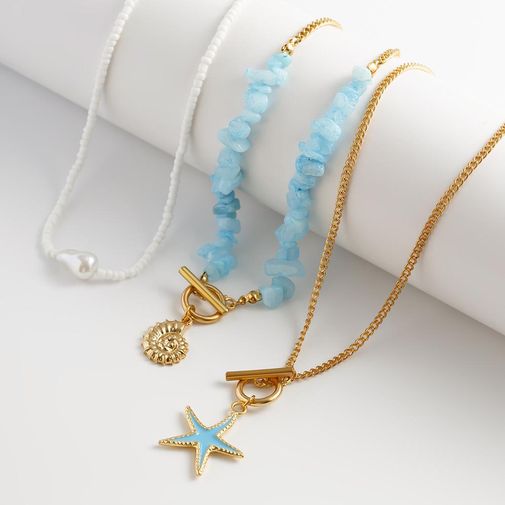 3Pcs/Set Irregular Blue Stone Chain Necklace Women Boho Conch Starfish Pendant Y2K Jewelry Beads Choker