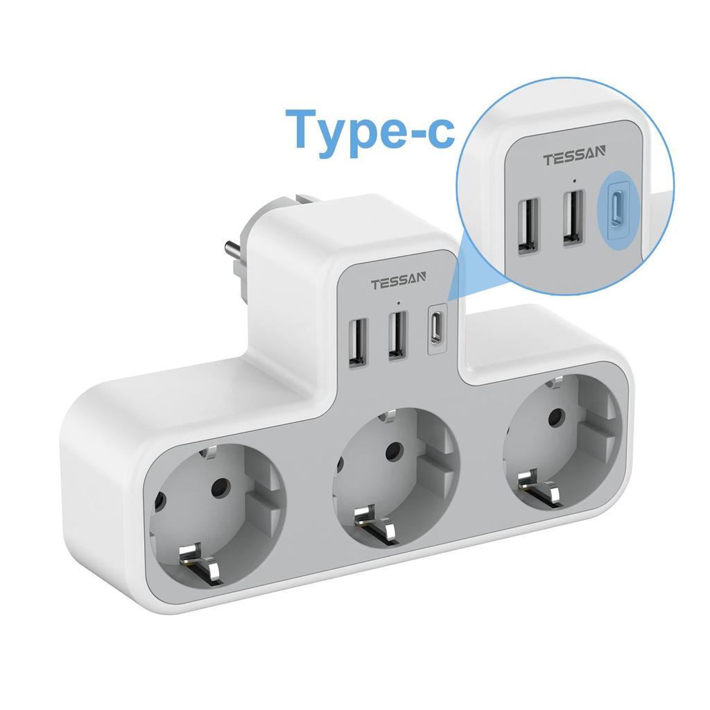 Tessan Несколько настенных розеток с 3 розетками переменного тока и 3 портами USB, USB-адаптером 6 в 1 с защитой от перегрузки для смартфона, планшета