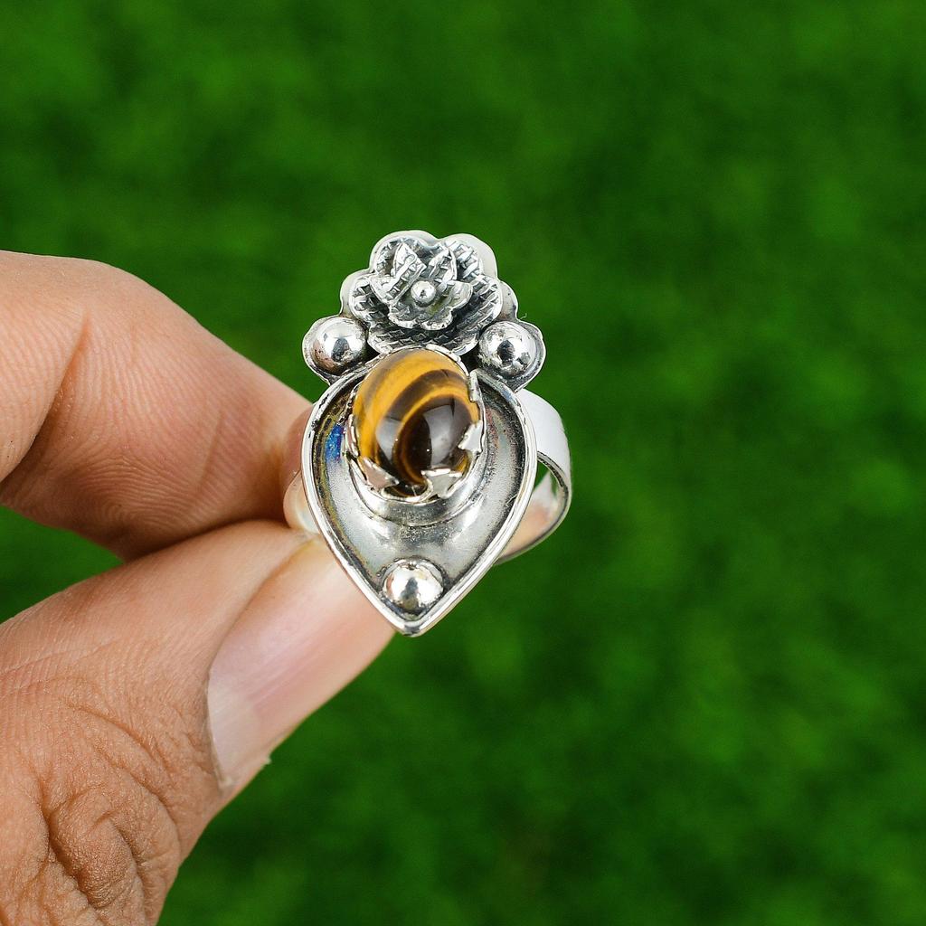Natural Tiger'S Eye Gemstone Stackable Flower Adjustable Ring 925 Silver