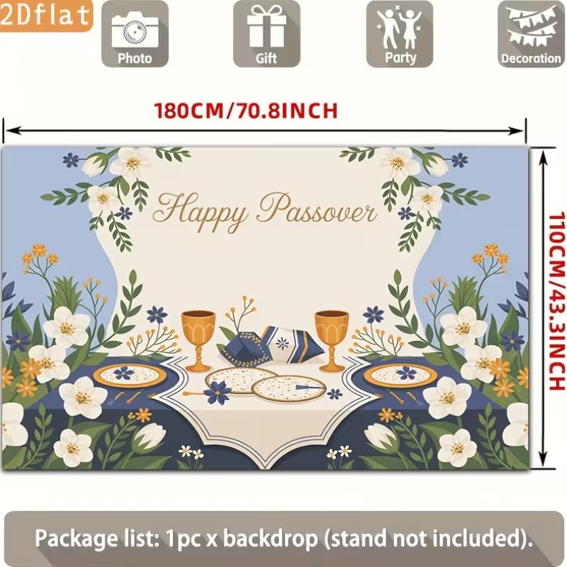 2D Happy Passover Photography Backdrop, Blue Floral Seder Plate & Matzah Background