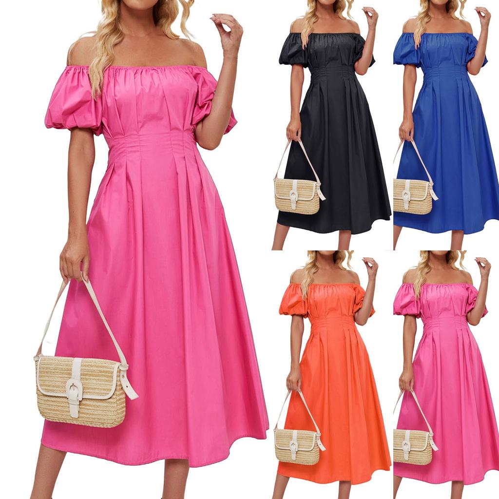 Women's Loose Long Off Shoulder Bubble Short Sleeved Pleated High Waisted Solid Color Dress