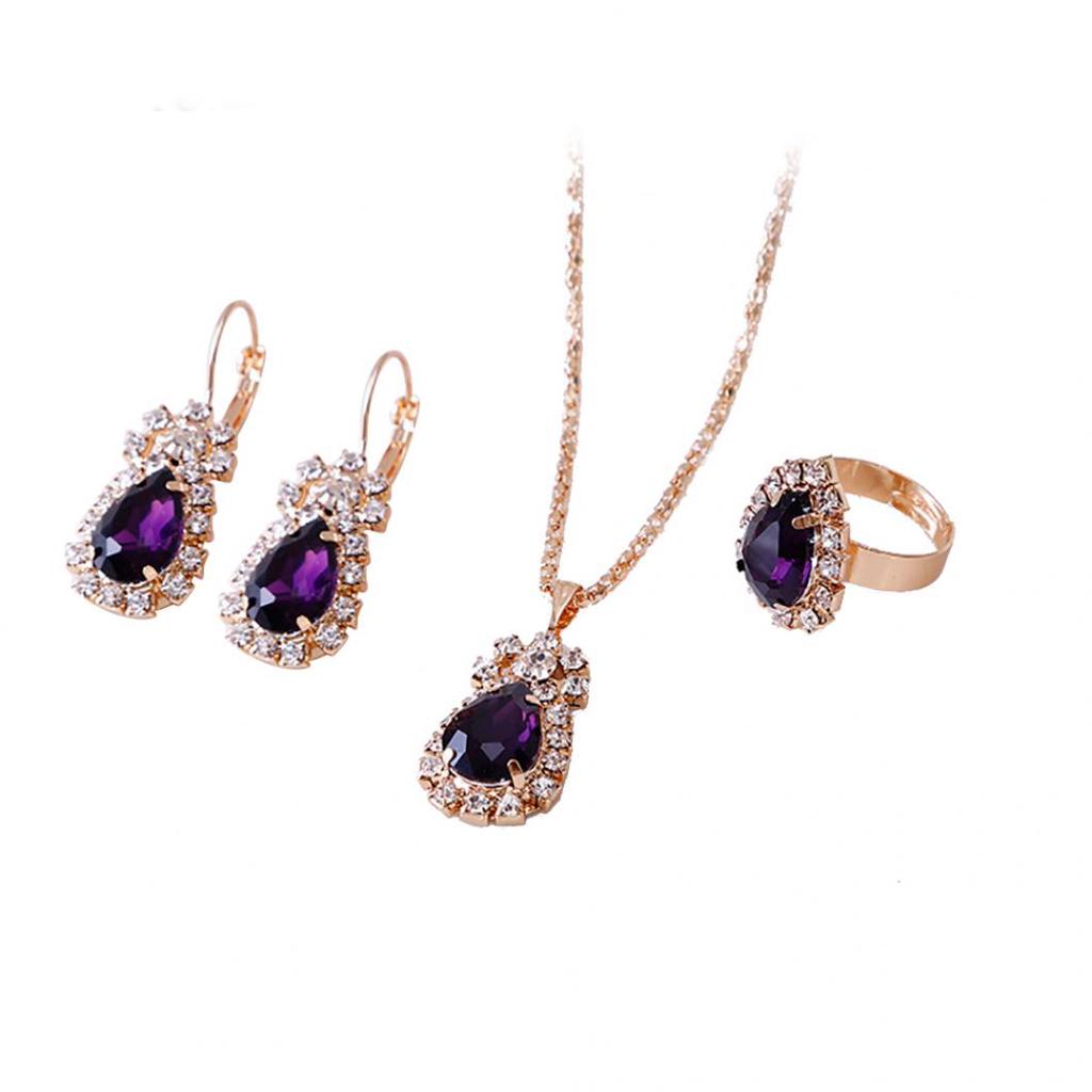 Fashion Waterdrop Shiny Rhinestones Necklace Ring Earrings Women Jewelry Set KTJ